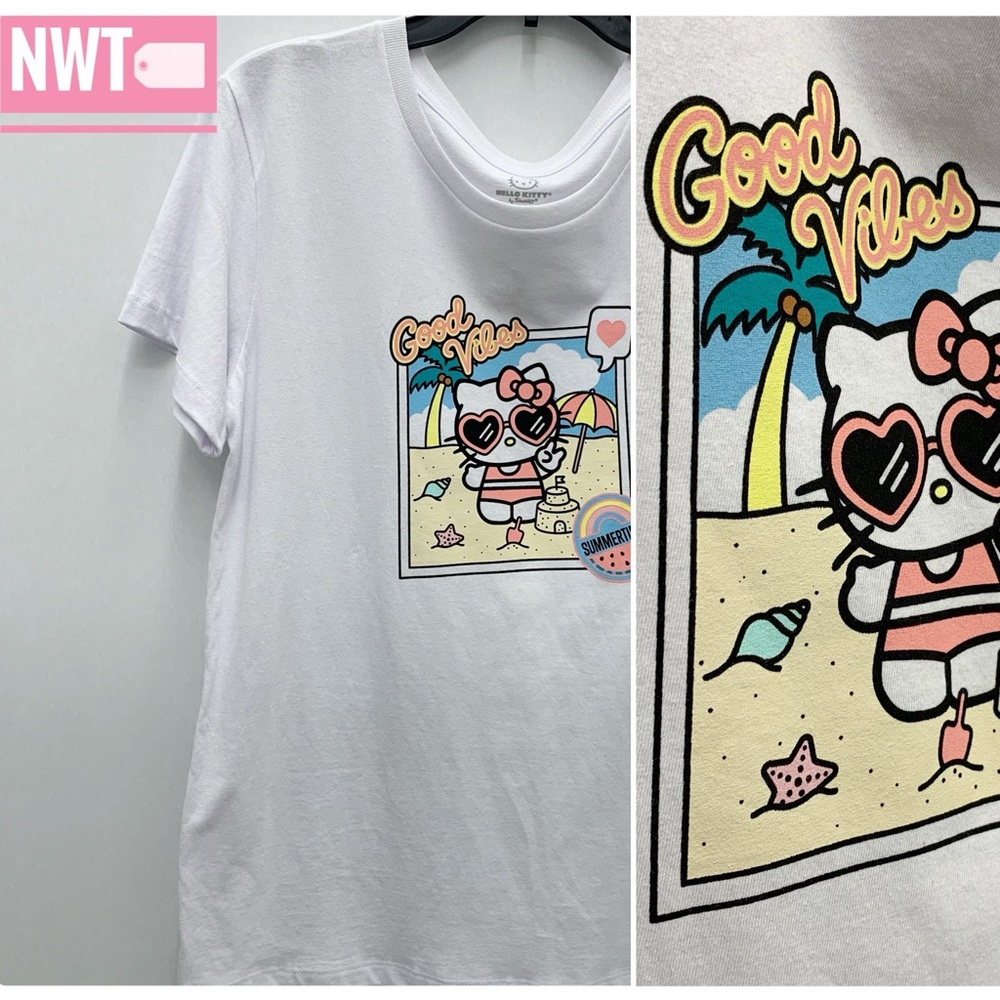 🎀(NWT) NEW! HELLO KITTY White Good Vibes at the Beach Classic Tee Shirt